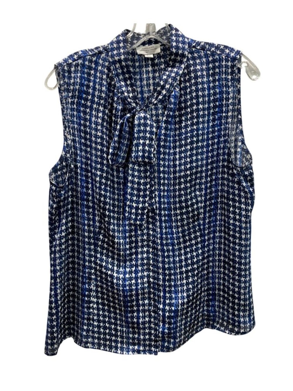 Tahari Houndstooth Bow Blouse PL Blue Sleeveless Office Business Academia Twee
